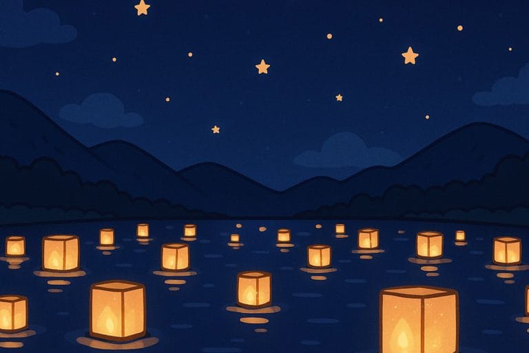 灯籠流しと星空の夜景 無料背景素材（JPG形式）