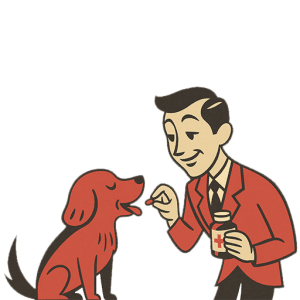 老犬に薬を与える男性の介護イラスト素材（背景透過PNG）