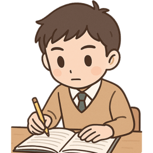 机で勉強する男子学生のフリーイラスト（PNG形式）