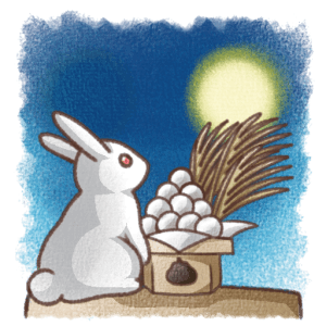 月見うさぎとススキ・団子の十五夜イラスト素材（背景透過PNG）