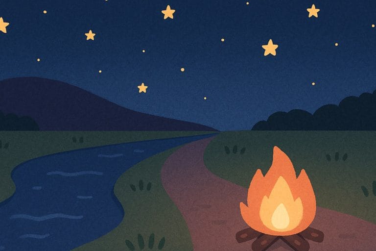 送り火と星空の川辺背景イラスト（JPG形式フリー素材）