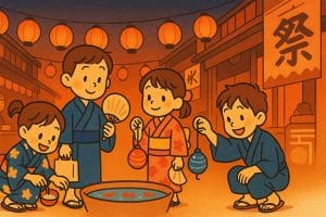 夏祭りで金魚すくいやヨーヨー釣りを楽しむ家族のイラスト（JPG形式・1350×900）