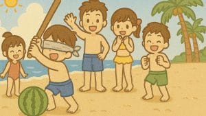 スイカ割りを楽しむ子どもたちの夏の海辺イラスト（JPG形式）