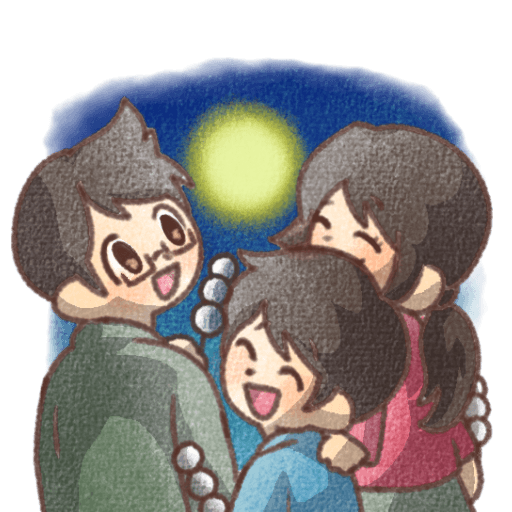 お月見だんごを食べる家族のイラスト素材(背景透過PNG)