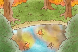 紅葉が映る池の秋背景イラスト（JPG形式・1350×900px）