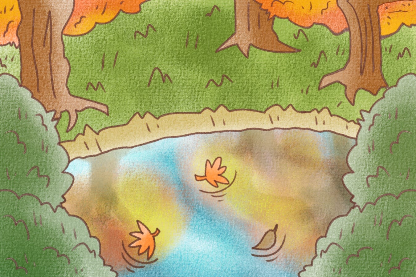 紅葉が映る池の秋背景イラスト（JPG形式・1350×900px）