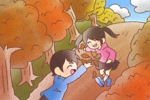 落ち葉で遊ぶ子どもたちの秋の遊歩道の背景イラスト