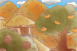 柿と栗が実る秋の田舎風景イラスト素材（JPG形式・1350×900）