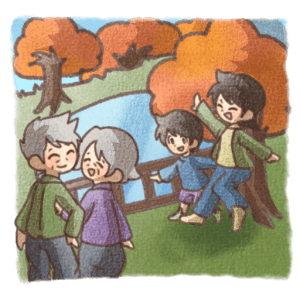 紅葉を楽しむ家族とお年寄りの秋イラスト素材（PNG形式・背景付き）