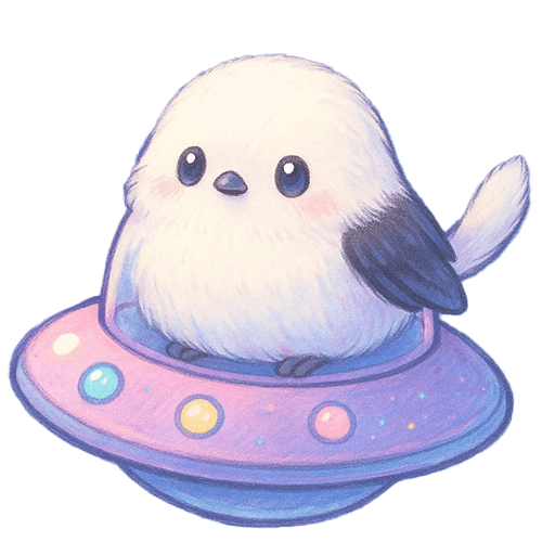 UFOに乗った白い小鳥のかわいいイラスト素材(背景透過PNG・512×512px)