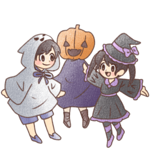 ハロウィン仮装を楽しむ子どもたちのイラスト素材（背景透過PNG）