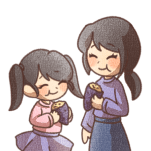 焼きいもをほおばる親子のイラスト素材（背景透過・PNG形式）