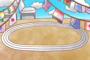 秋の運動会会場を描いた背景素材（JPG形式・1600×900）