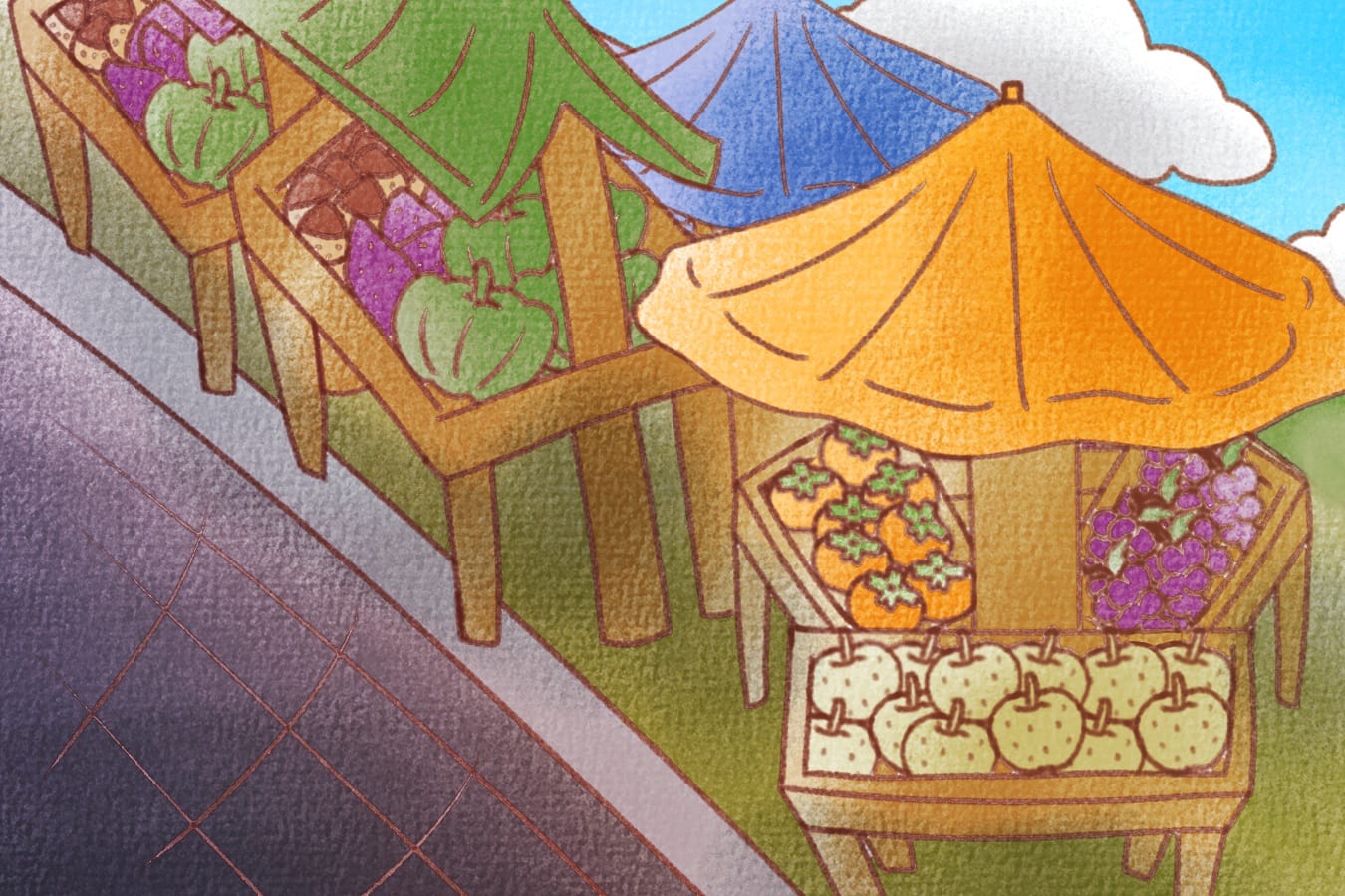 秋の味覚が並ぶマーケットのイラスト素材（JPG形式・高解像度）