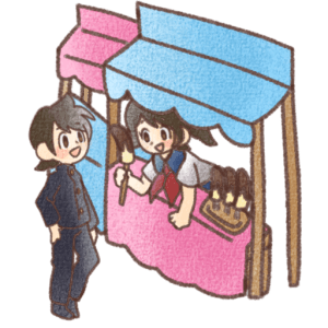 文化祭の屋台で接客する学生のイラスト素材（PNG形式・背景付き）