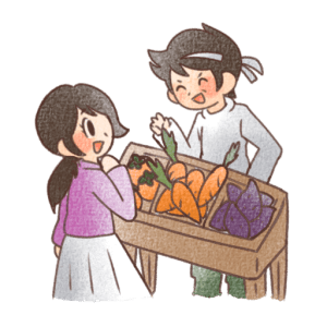 野菜を販売する農家と買い物客のイラスト素材