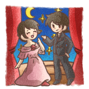 舞台で演劇をする学生のイラスト素材（PNG形式・背景付き）