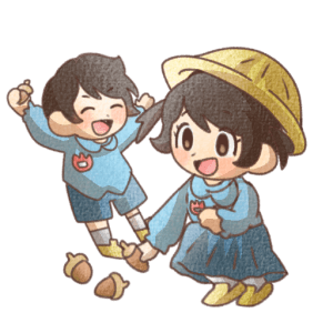 どんぐりを拾う幼稚園児の秋イラスト素材（背景透過PNG）