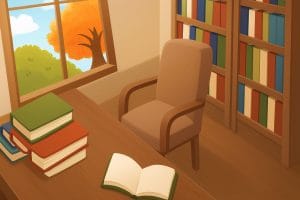 読書室と秋の公園が見える窓辺の背景イラスト(JPG形式)