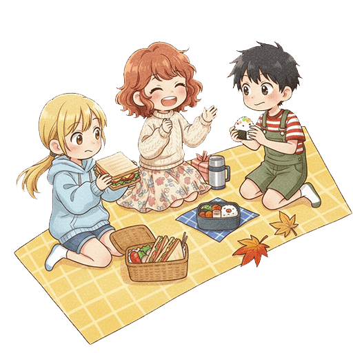 遠足でお弁当を楽しむ子どもたちの秋イラスト（背景透過PNG）