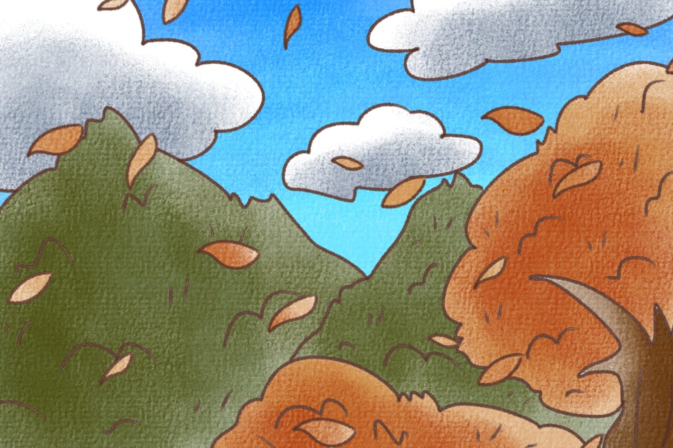 落ち葉が舞う秋空の風景イラスト素材（JPG形式・高解像度）