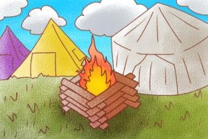 カラフルなテントとたき火のキャンプ場イラスト