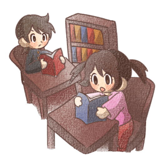 図書館で本を読む子どもと学生のイラスト素材(背景透過PNG)