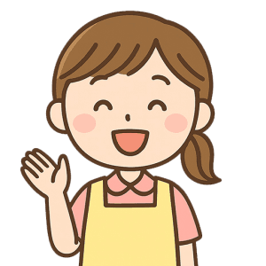 笑顔で手を振る女性保育士のイラスト素材（背景透過PNG・512×512）