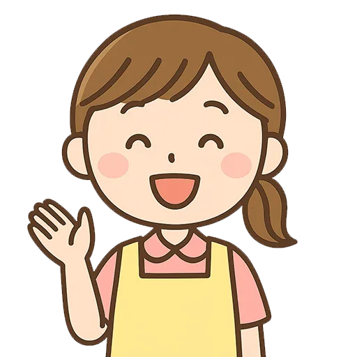 笑顔で手を振る女性保育士のイラスト素材（背景透過PNG・512×512）