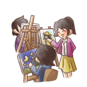 イーゼルで絵を描く人たちのイラスト素材（背景透過PNG）