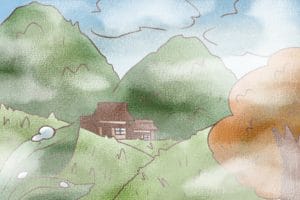 朝霧に包まれた里山と古民家の風景イラスト背景素材