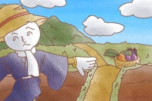 かかしと収穫後の畑の秋イラスト素材(JPG形式・1350×900px)