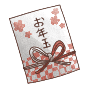 「お年玉」と書かれた和風デザインのお年玉袋イラスト。市松模様の背景に、水引リボンと梅の花が描かれた手書き風のやさしいデザイン