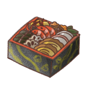 重箱に詰められたおせち料理のイラスト。エビや伊達巻、黒豆などが彩りよく配置された手書き風の和風デザイン