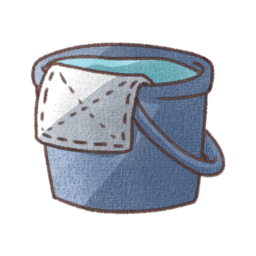 青いバケツのふちに白い雑巾が掛けられたお掃除イラスト。水が入ったバケツと布の質感がわかる、手書き風でやさしいデザイン