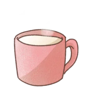 ピンク色のマグカップに入ったホットミルクのイラスト。湯気が立ちのぼる、手書き風でやさしい雰囲気のシンプルなデザイン