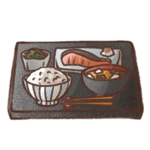 焼き魚やごはん、味噌汁、小鉢が並んだ和食定食のイラスト素材。黒いお盆の上に配置された、やさしい手書き風デザイン