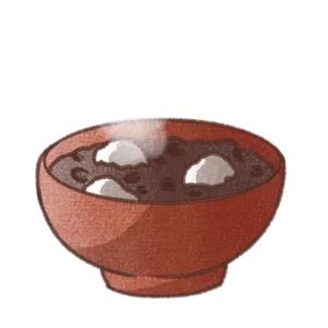 湯気が立ちのぼる茶色の器に入ったおしるこのイラスト。小豆と白い餅が入った、手書き風であたたかみのある和風デザイン