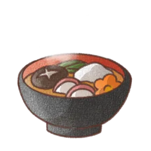 黒いお椀に盛り付けられたお雑煮のイラスト。もちや野菜が入った手書き風でやさしい和風デザイン