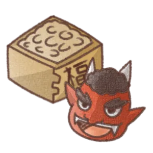 升に入った豆箱の横に、角のある赤鬼のお面が配置された節分イラスト。手書き風でやさしい雰囲気の節分 鬼 イラスト素材