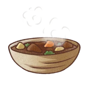 木の器に盛られたビーフシチューのイラスト。牛肉と野菜が入った湯気の立つ手書き風デザイン