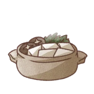土鍋に入った白い豆腐としいたけ、青菜が描かれた湯豆腐のイラスト。やわらかい色合いで表現された手書き風の和風デザイン