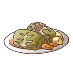 白いお皿に盛り付けられたロールキャベツのイラスト。にんじんとソースが添えられた手書き風でやさしいデザイン