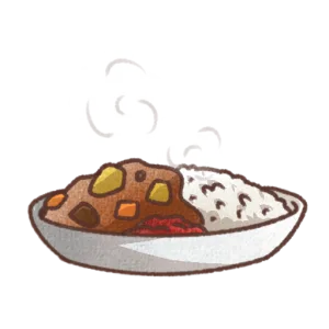白いお皿に盛られたカレーライスのイラスト。ごはんと具材入りのカレーに湯気が立つ、やさしい手書き風のデザイン