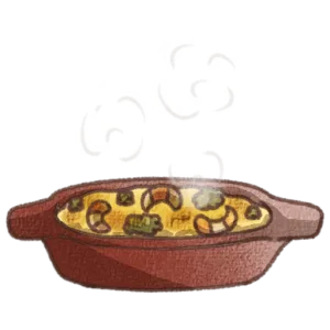 茶色の耐熱皿に入ったこんがりと焦げ目のあるチーズがのったグラタン 無料イラスト 手書き風