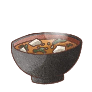 黒いお椀に入ったみそ汁のイラスト。豆腐やわかめ、青菜が浮かぶ具だくさんの汁物をやさしい色合いで描いた手書き風デザイン