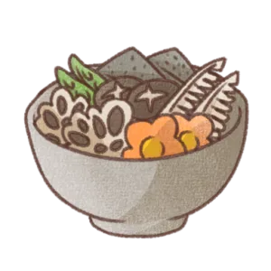 れんこんやにんじん、ごぼう、しいたけなどの具材が入った筑前煮を白い器に盛り付けたイラスト。やさしい色合いで描かれた手書き風の和食デザイン