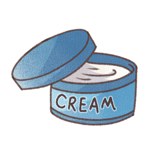 青い丸型ケースに入った保湿クリームのイラスト。ふたが開いた状態で白いクリームが見える、やさしい手書き風のシンプルなデザイン
