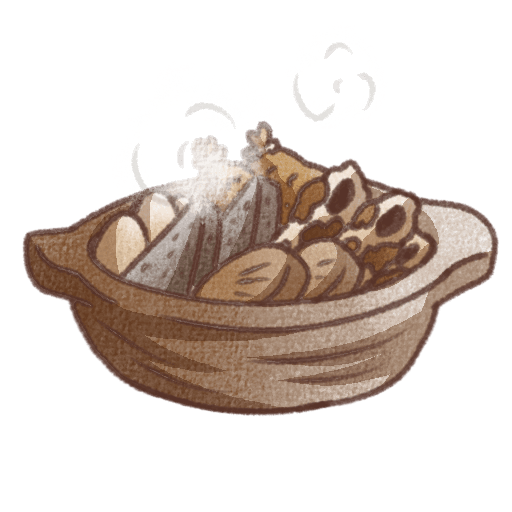 湯気の立つ鍋の中に大根、こんにゃく、はんぺん、ちくわなどのおでんの具材が入った料理イラスト。温かみのある手書き風タッチの和風デザイン