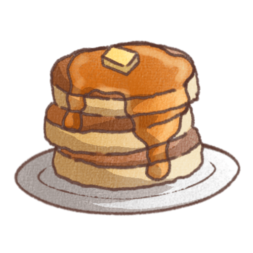 お皿の上に重ねられたパンケーキのイラスト。上にバターがのり、シロップが流れるふんわりした手書き風のスイーツデザイン